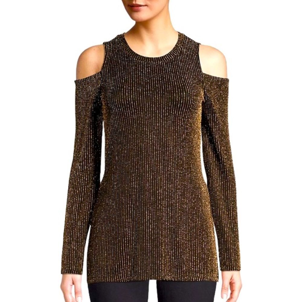 Michael Kors Gold Black Sparkle Metallic Cold Shoulder Top Women's size Medium